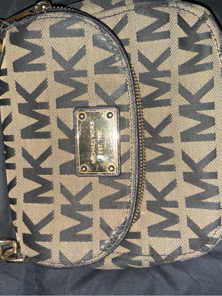 Michael Kors Beige And Black Mk Logo Crossbody With Gold Plate Accent